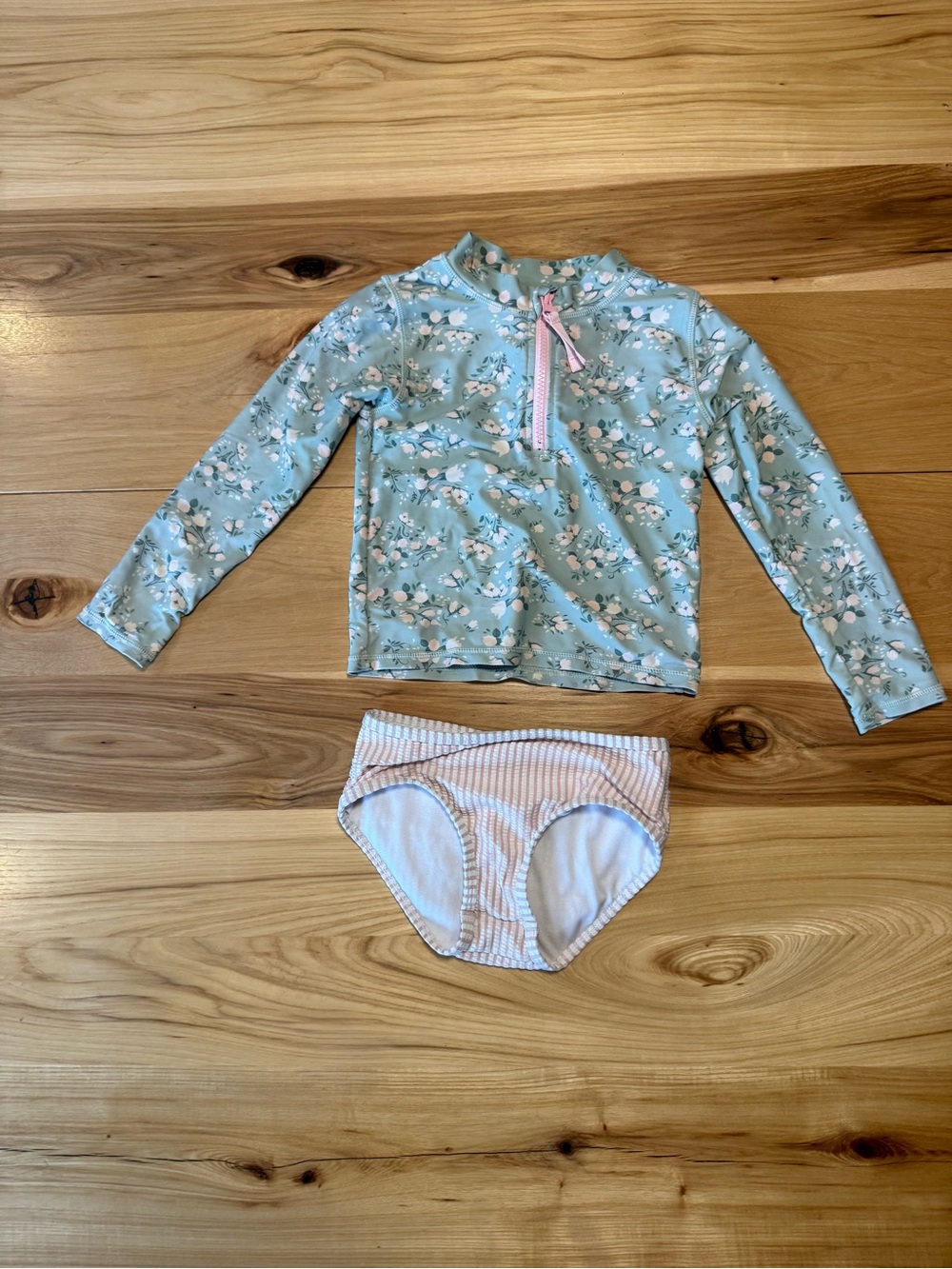 Girls' Light Aqua Floral Rash Guard Swim Set with Pink Accent